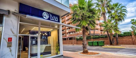 Una tienda de artículos para el hogar de lujo, con fachada moderna, grandes ventanales de vidrio y una palmera al frente.