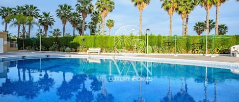A swimming pool with palm trees and a clear sky.