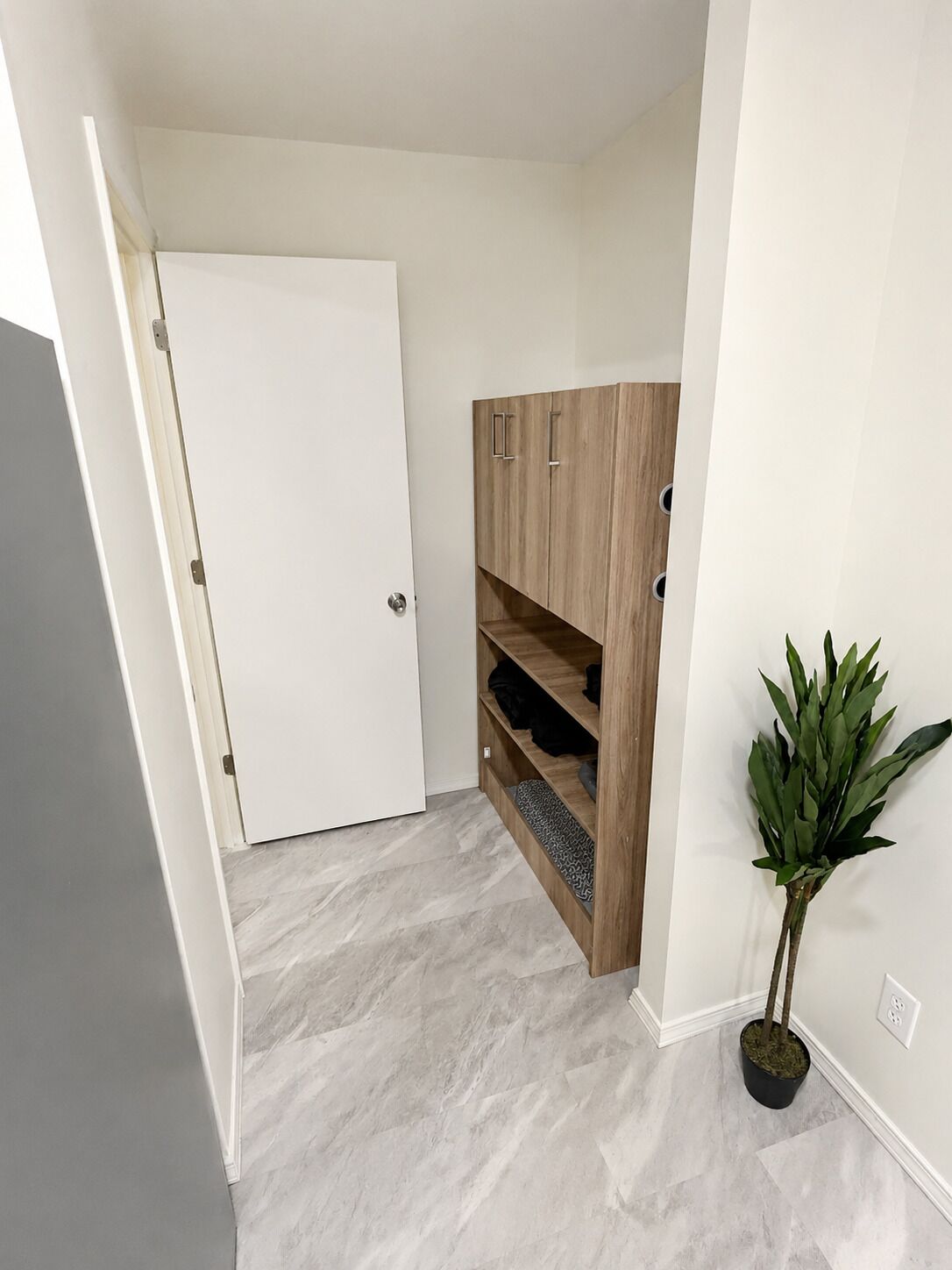 A hallway with a white door, a wooden wardrobe with shelves, and a potted plant.
