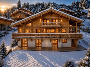 A multi-story wooden chalet with balconies, large windows, and a snow-covered landscape. - SIGA Grand BO Chalet, Sleeps 14–16 — Newly Built and Fully Equipped (Le Grand-Bornand)