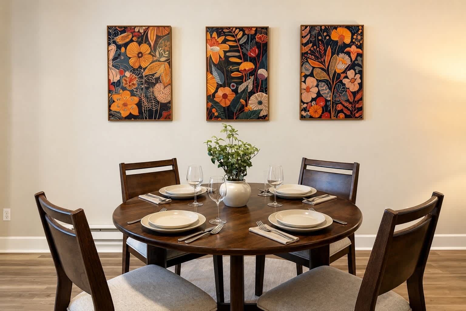 Una mesa de comedor con cuatro sillas, un florero con una planta y tres cuadros florales en la pared.