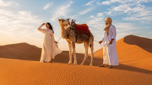 A desert landscape with sand dunes and a camel. - Safari Sunset Camp (Taouz)