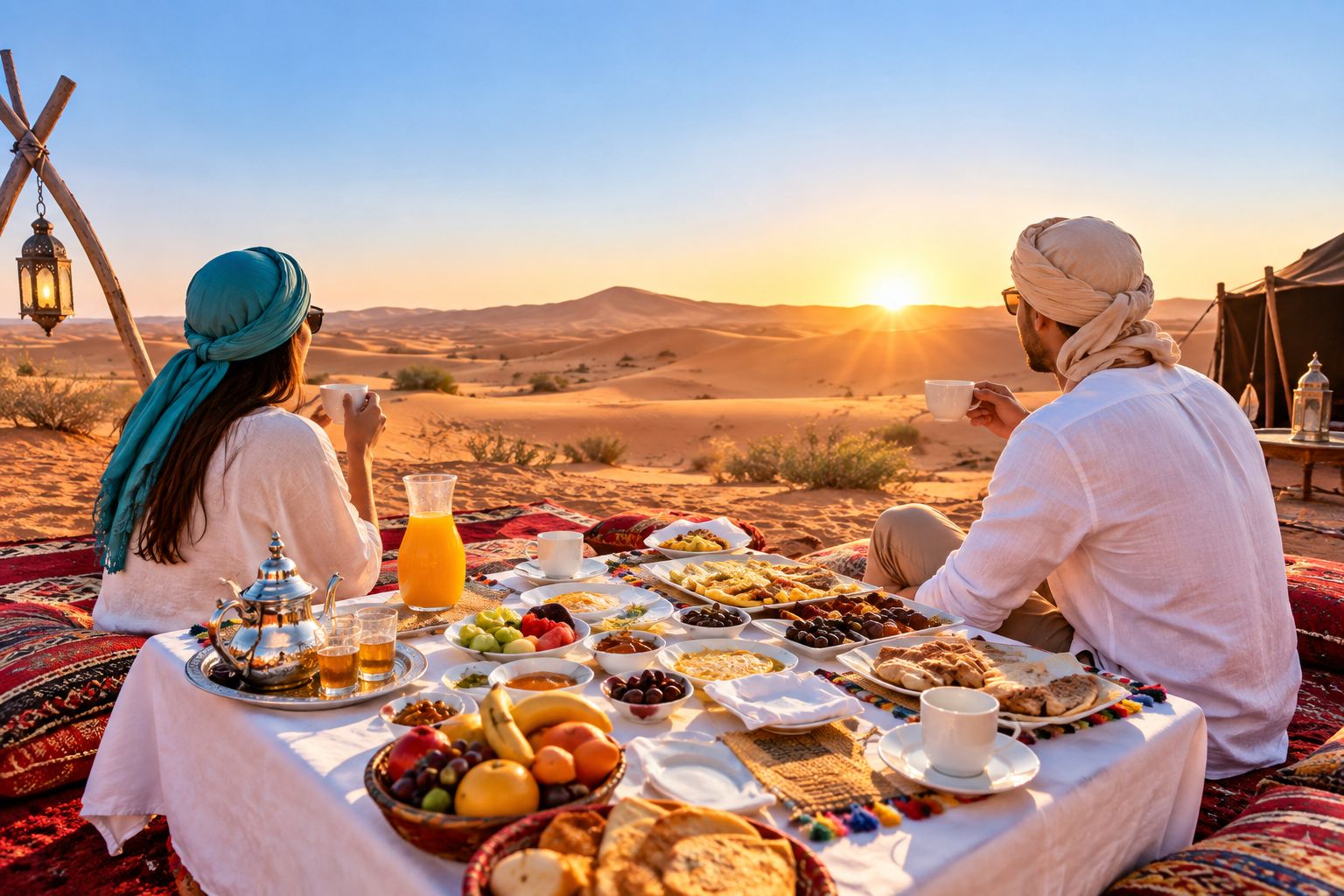 Un picnic en el desierto con una mesa dispuesta para dos personas, que ofrece una variedad de comidas y bebidas.