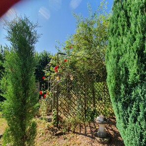 A garden with a variety of trees and a lattice structure supporting climbing plants with red flowers. - Your own farmfouse (Béalencourt)