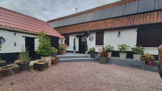 Ein Innenhof mit Kiesboden, Blumentöpfen und Gebäuden mit roten Ziegeldächern.