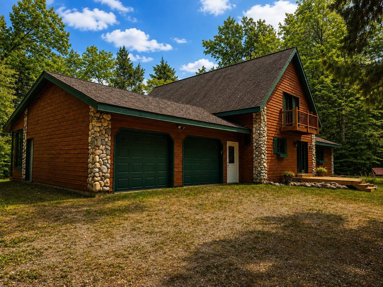 Une cabane en rondins à deux étages, avec des fondations en pierre, une porte de garage verte et un porche abrité.