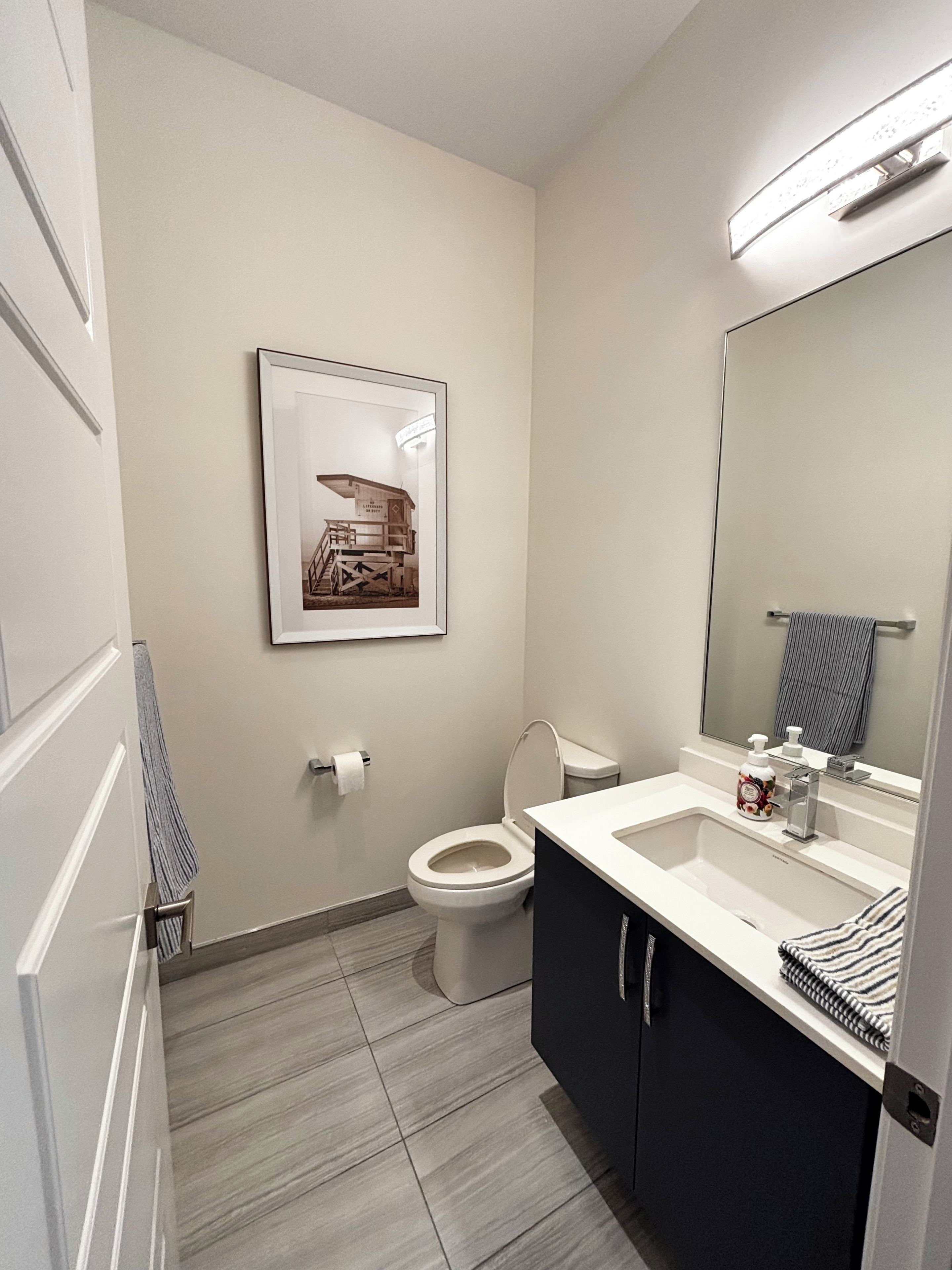 Un bagno moderno con WC, lavandino e specchio. In evidenza, un quadro appeso alla parete e un portascopevoli.