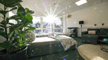 A room with a bed, a sofa, a potted plant, and a view of buildings through large windows.