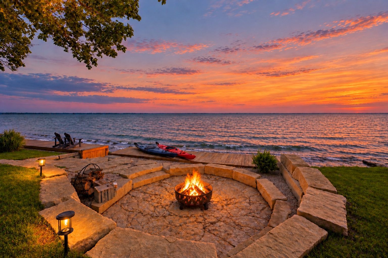 A fire pit surrounded by stone seating, a kayak, and a wooden deck overlooking the water.