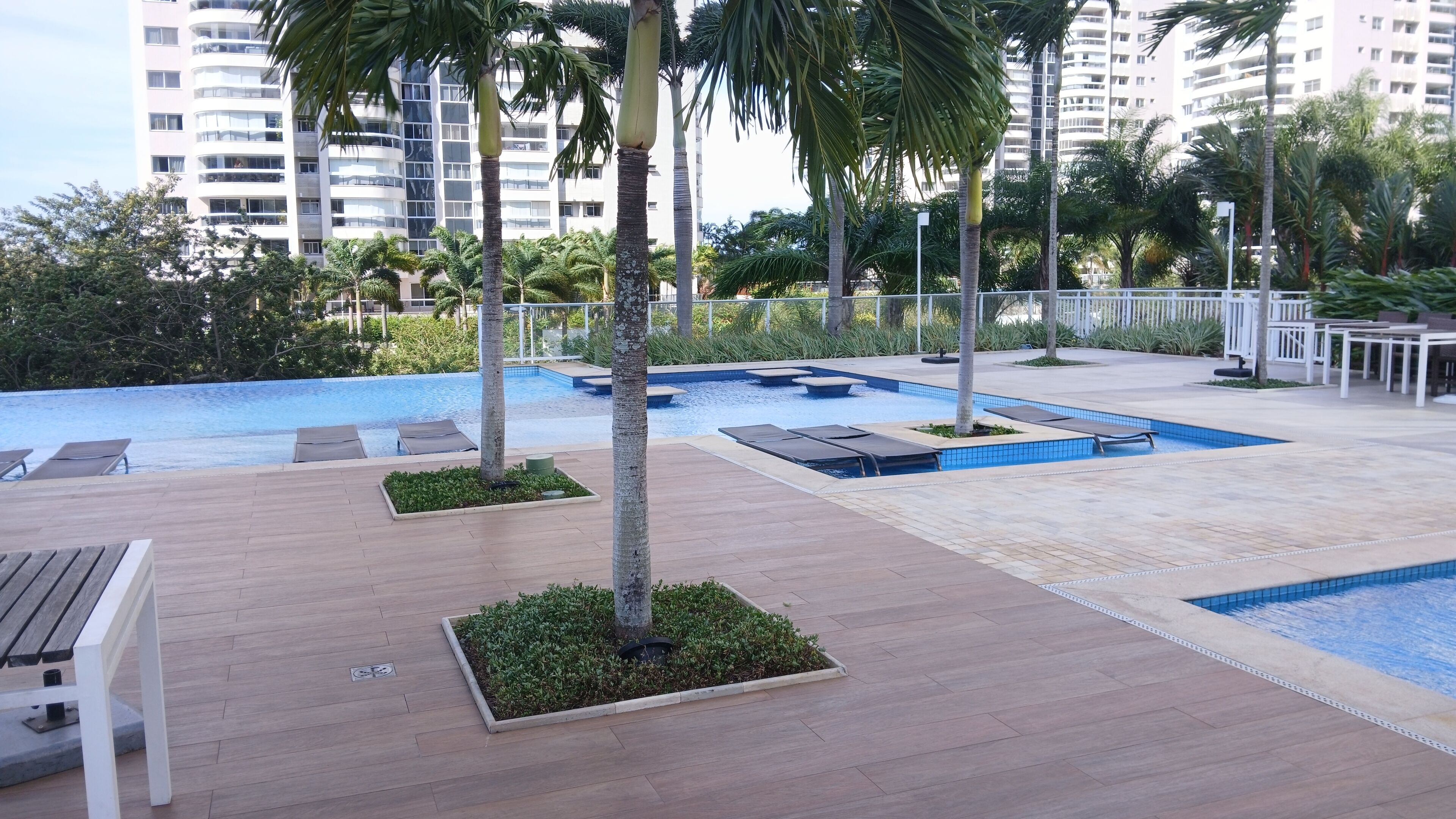 A pool area with lounge chairs, palm trees, and a tiled deck.