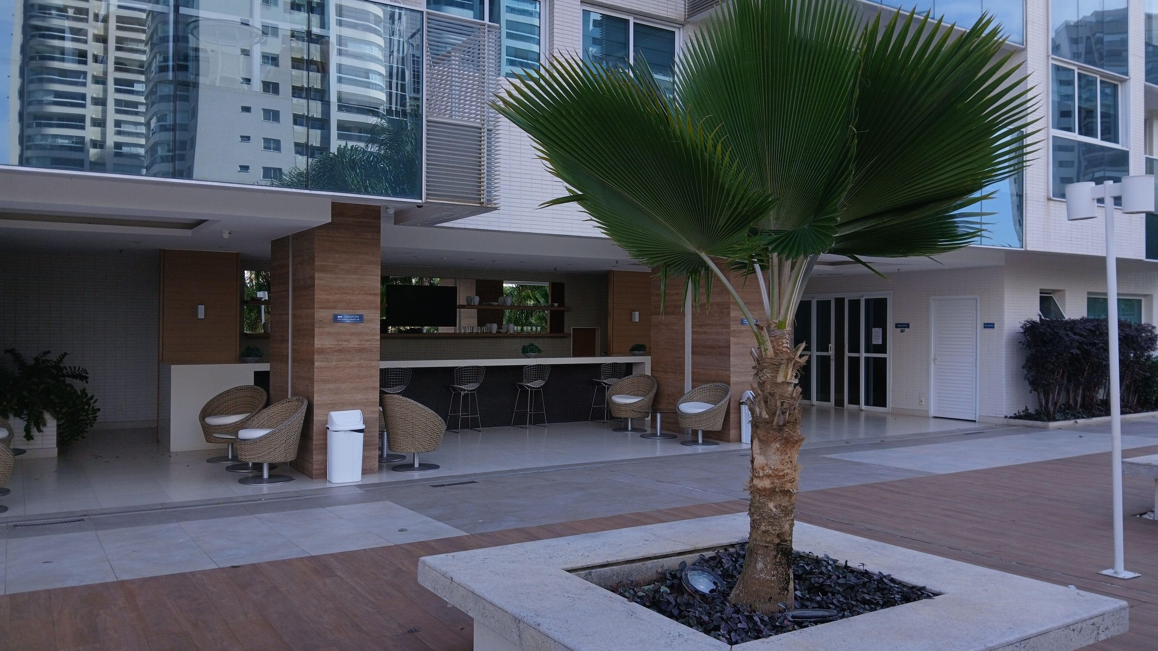 Un edificio moderno con área de recepción, asientos y una palmera.