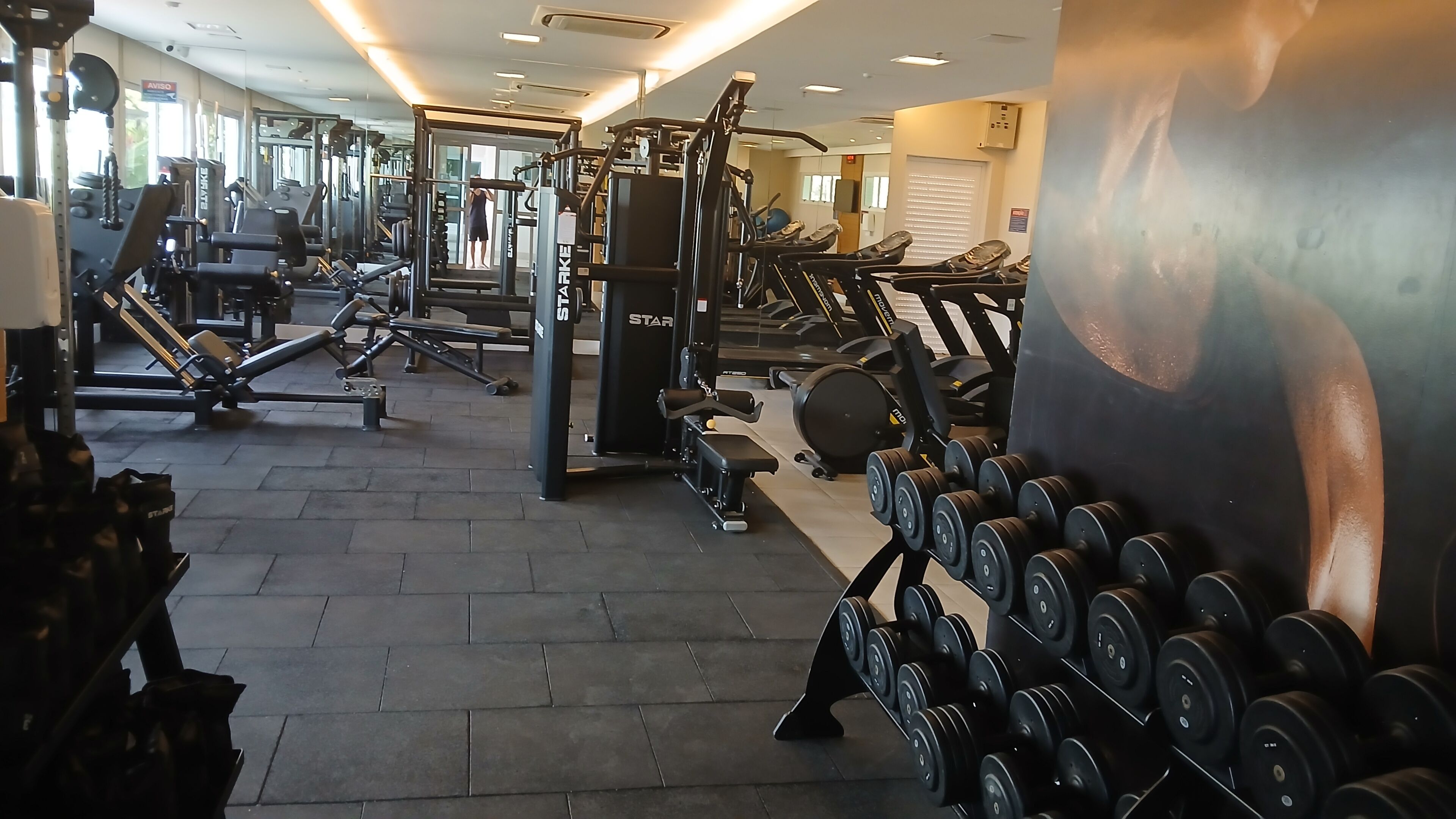Uma academia com diversos equipamentos de exercícios, incluindo halteres e aparelhos de musculação.