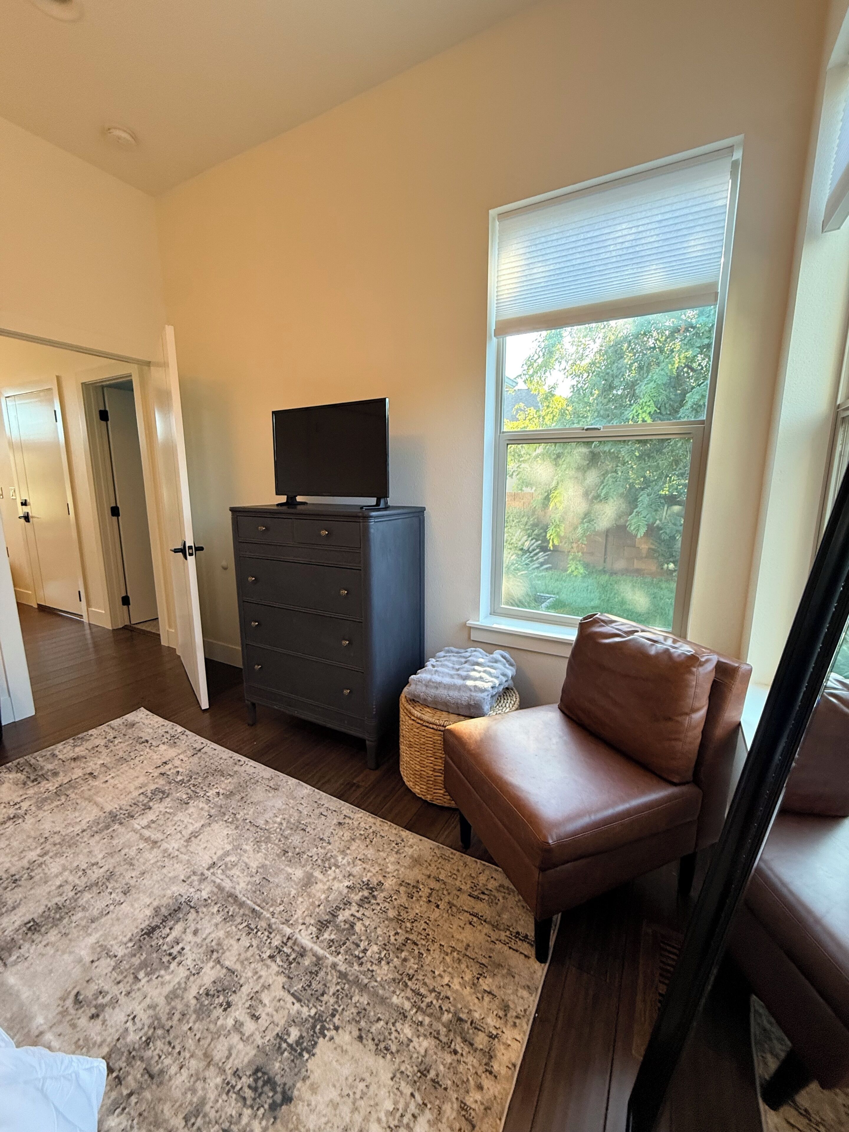 A room with a brown leather sofa, a television on a dresser, a large window with a view of greenery, and a patterned rug.