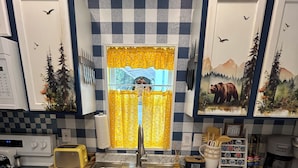 Eine Küche mit karierter Spritzschutzwand, einem Edelstahl-Spülbecken, einem Toaster und einer Kaffeemaschine.