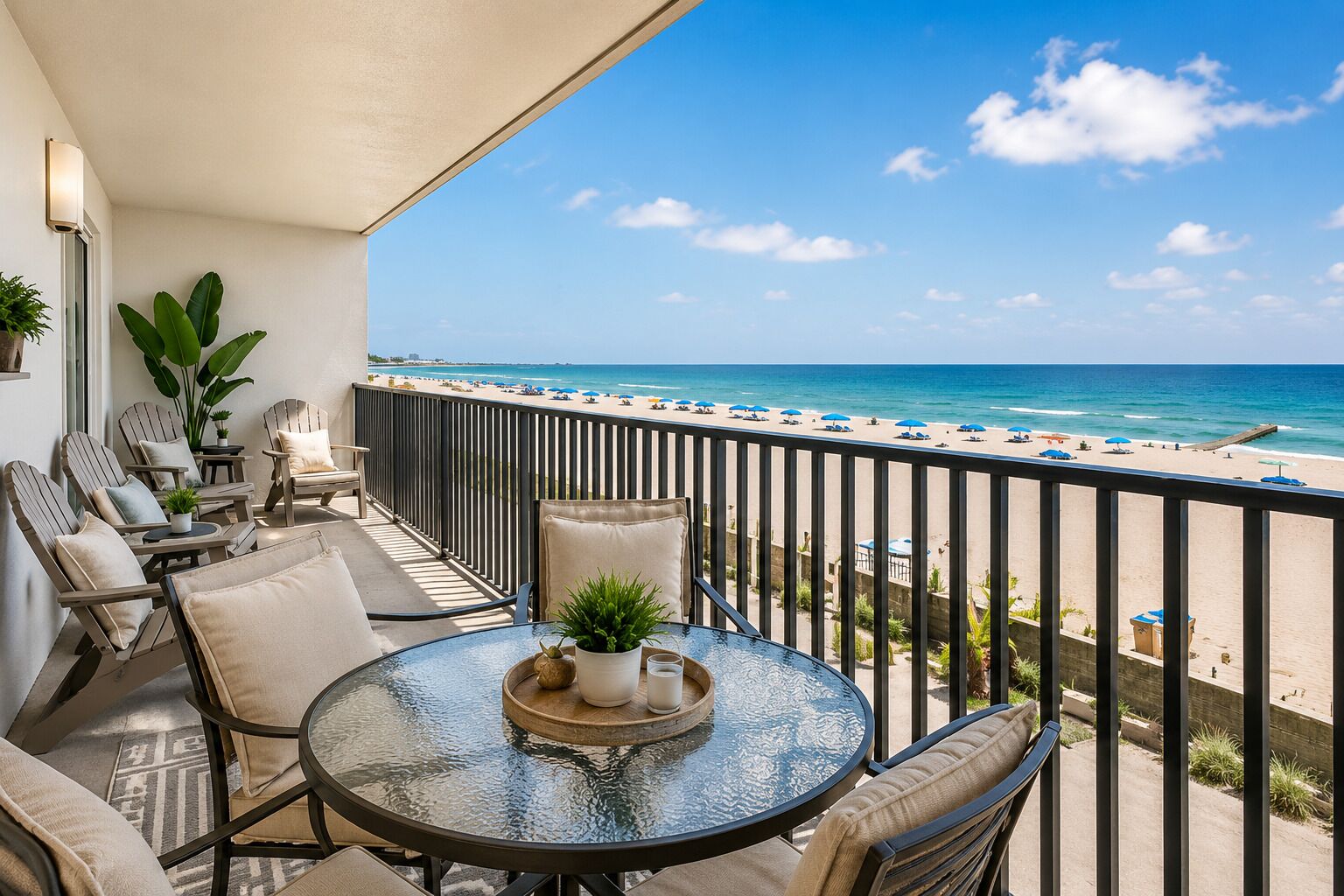 A balcony with a glass table, chairs, and a view of the beach.