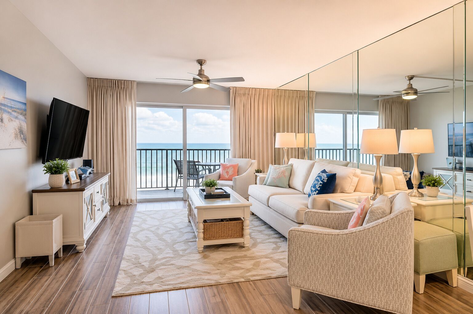 Ein modernes Wohnzimmer mit einer Couch, Sesseln, einem Couchtisch und einem Fernseher. Es gibt einen Balkon mit Blick aufs Meer.