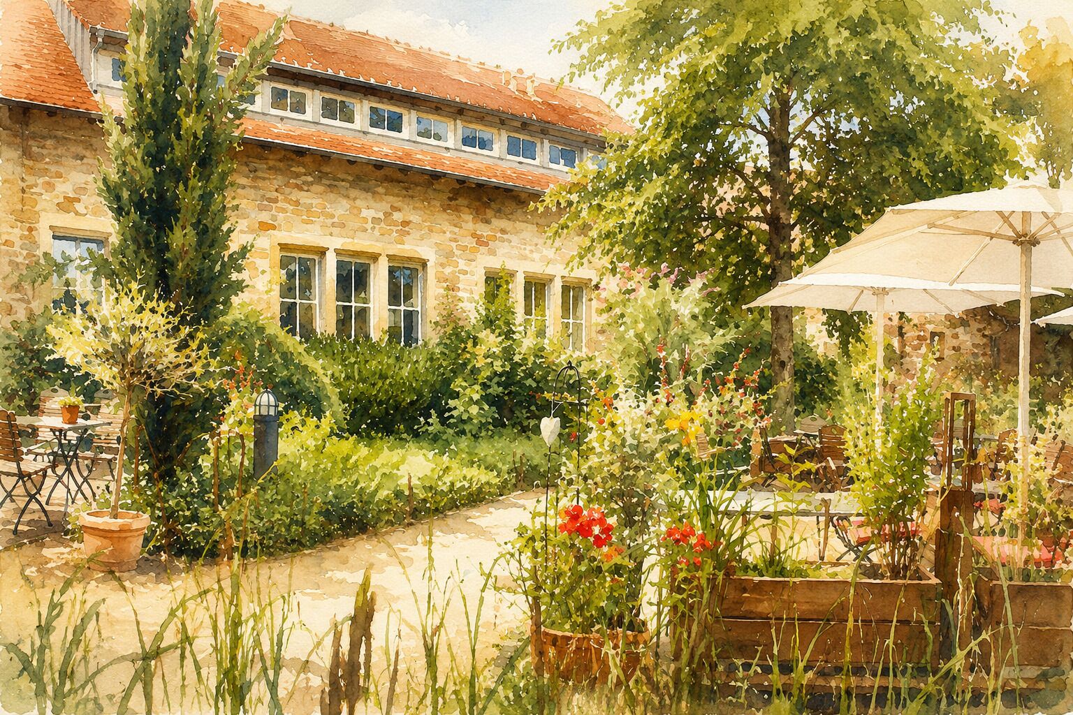 Ein rustikales Steinhaus mit einem Garten-Terrasse, Sitzgelegenheiten im Freien und einem großen Sonnenschirm.