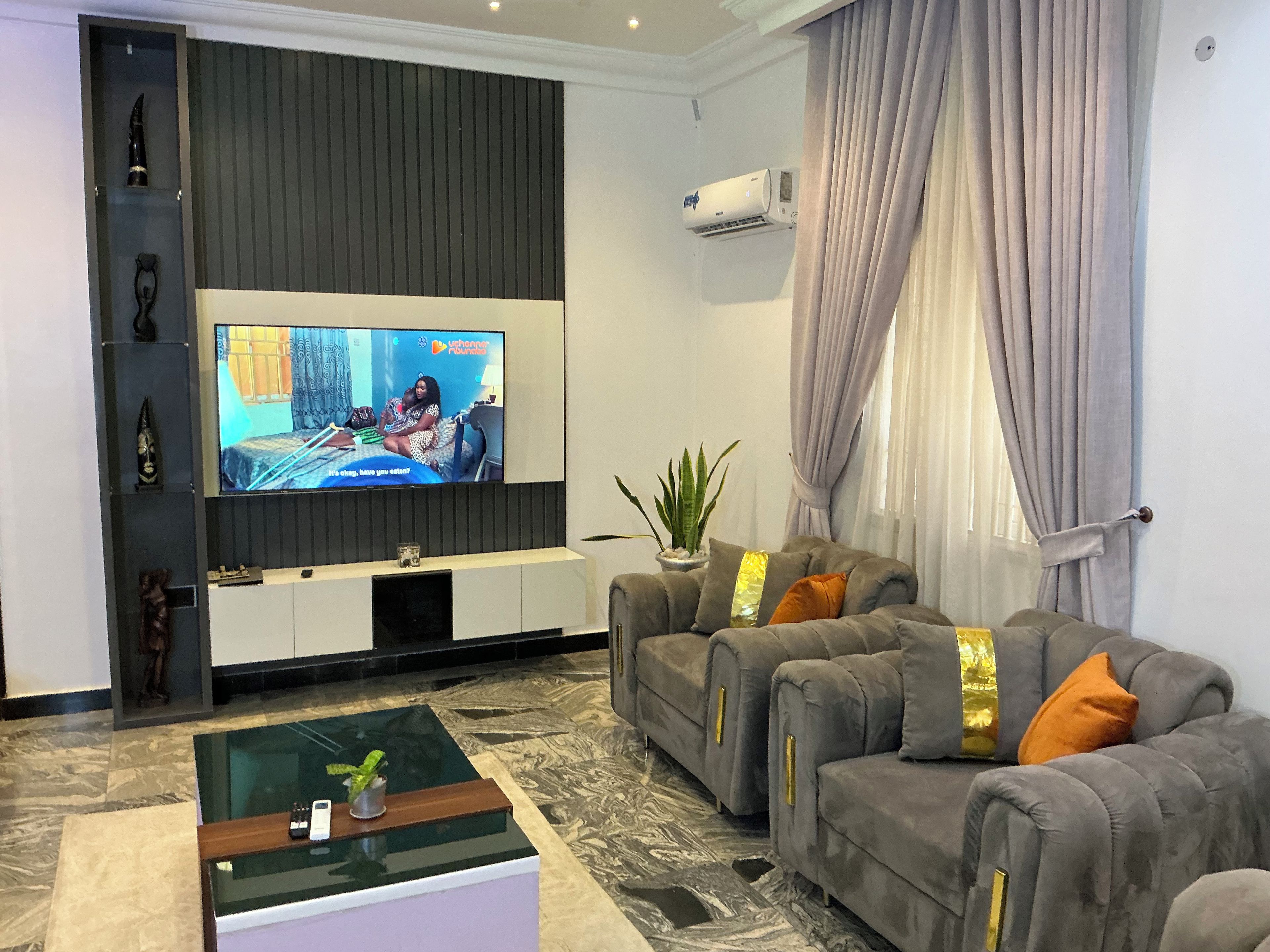 A modern living room with a flat-screen TV, grey sofas, a glass coffee table, and a potted plant.