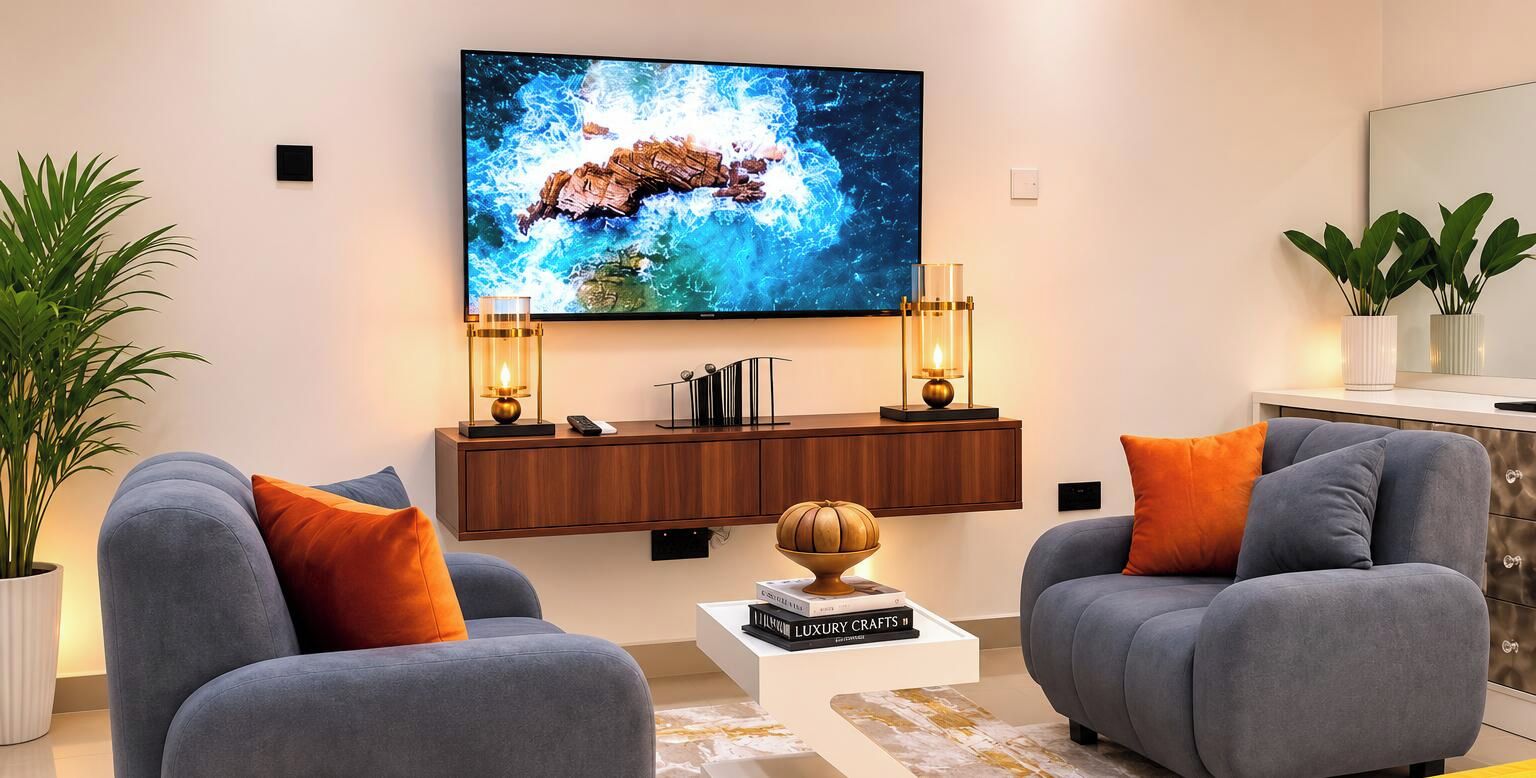Een moderne woonkamer met twee grijze banken, een salontafel, een aan de muur bevestigde televisie en een houten kastje eronder.