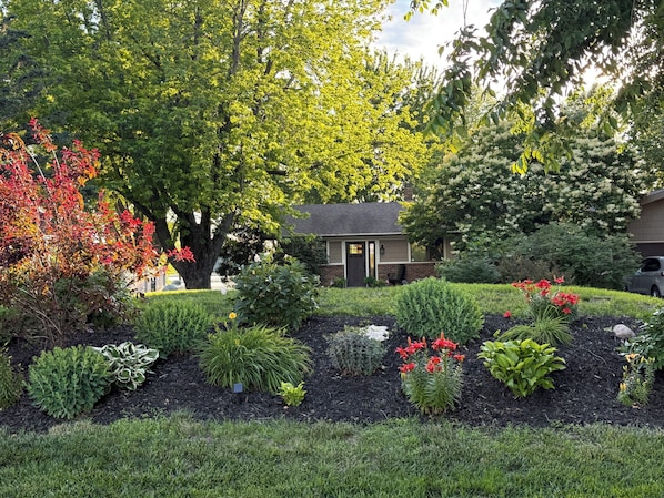 A residential property with a well-maintained garden, a small house with a front door, and a driveway.
