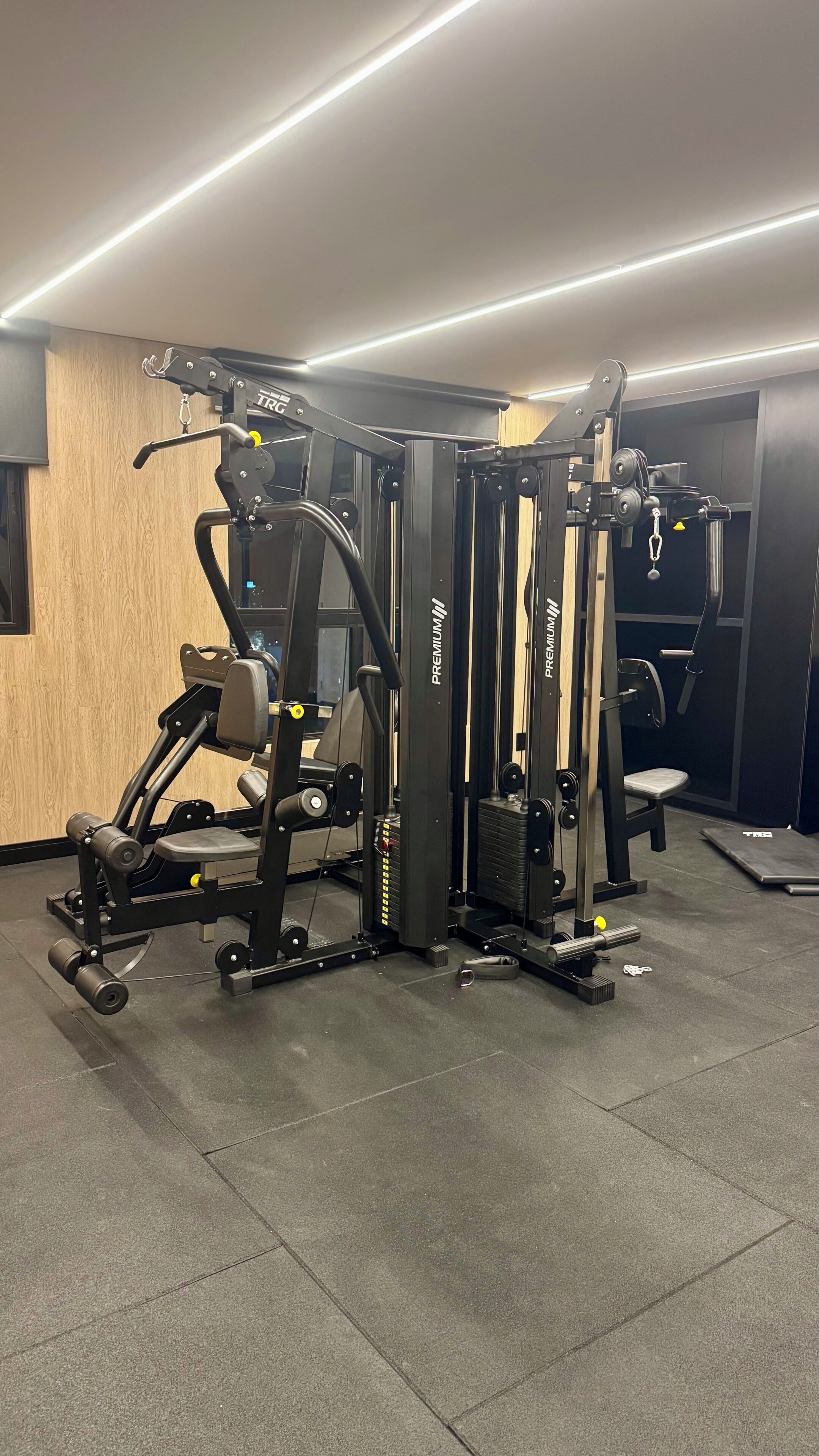 A gym with various exercise machines, including a cable machine and a squat rack, with a wooden wall and a window in the background.
