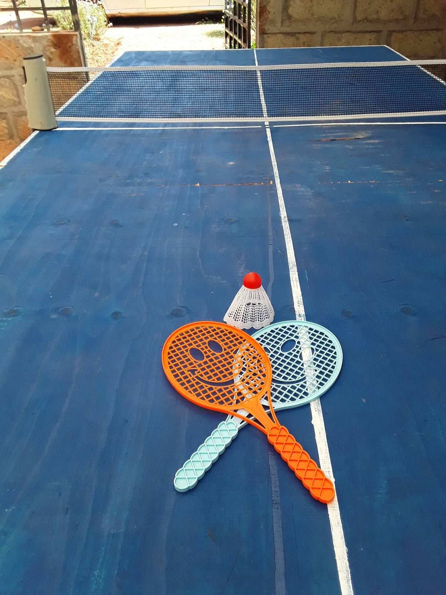 A blue table tennis table with a net in the center, and two table tennis paddles and a shuttlecock on the table.