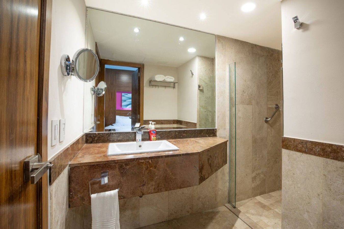 Une salle de bain moderne avec un comptoir en marbre, un grand miroir, une douche en verre et une porte visible donnant sur une autre pièce.