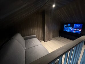 A room with a wooden ceiling, a grey sofa, and a television displaying a Disney channel.