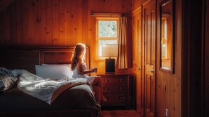 A wooden cabin room with a bed, a nightstand with a lamp, and a window. - LUXURY LOG CABIN (Mille-Isles)
