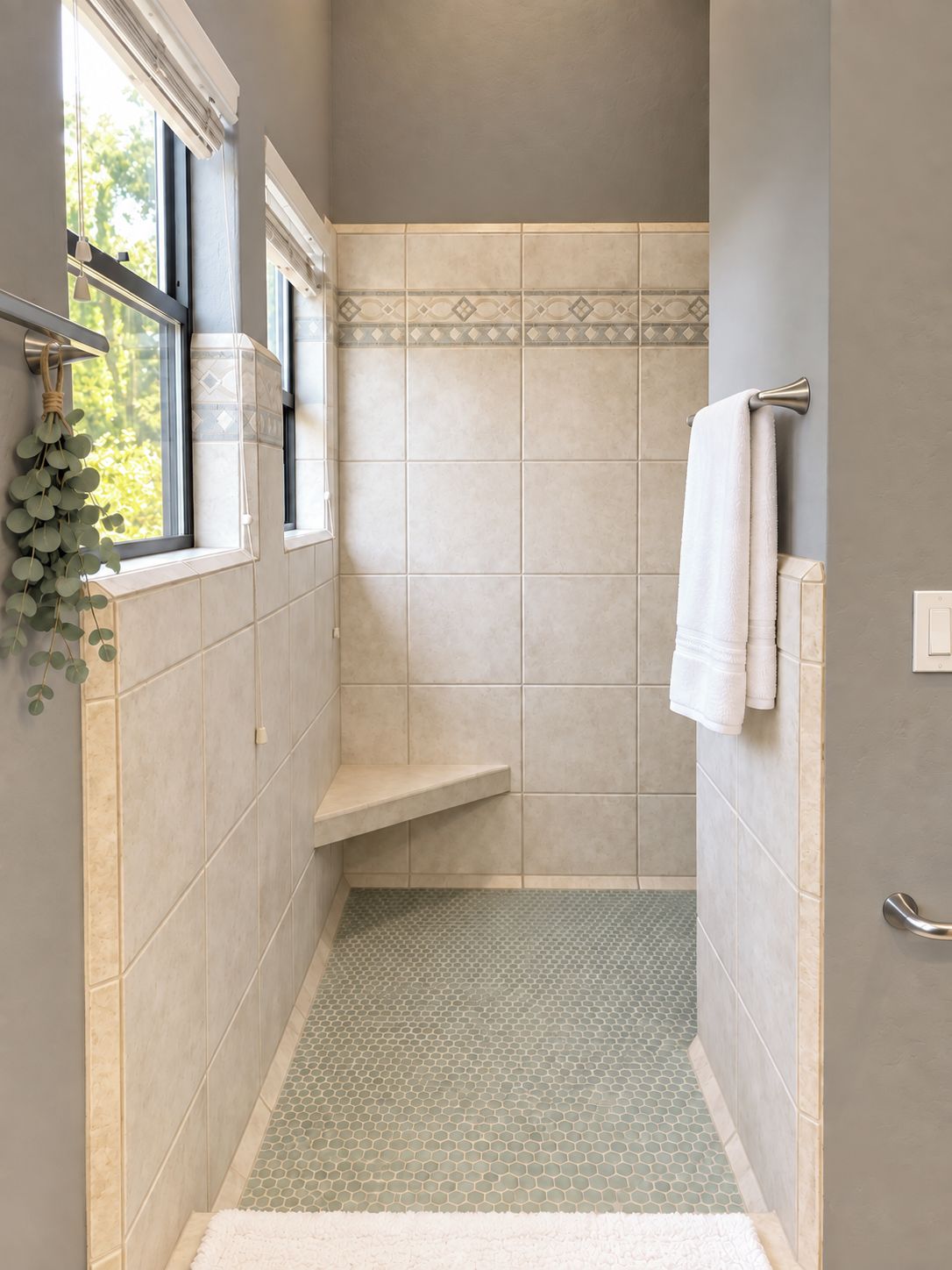 Un baño con ducha, una ventana y un perchero para toallas.