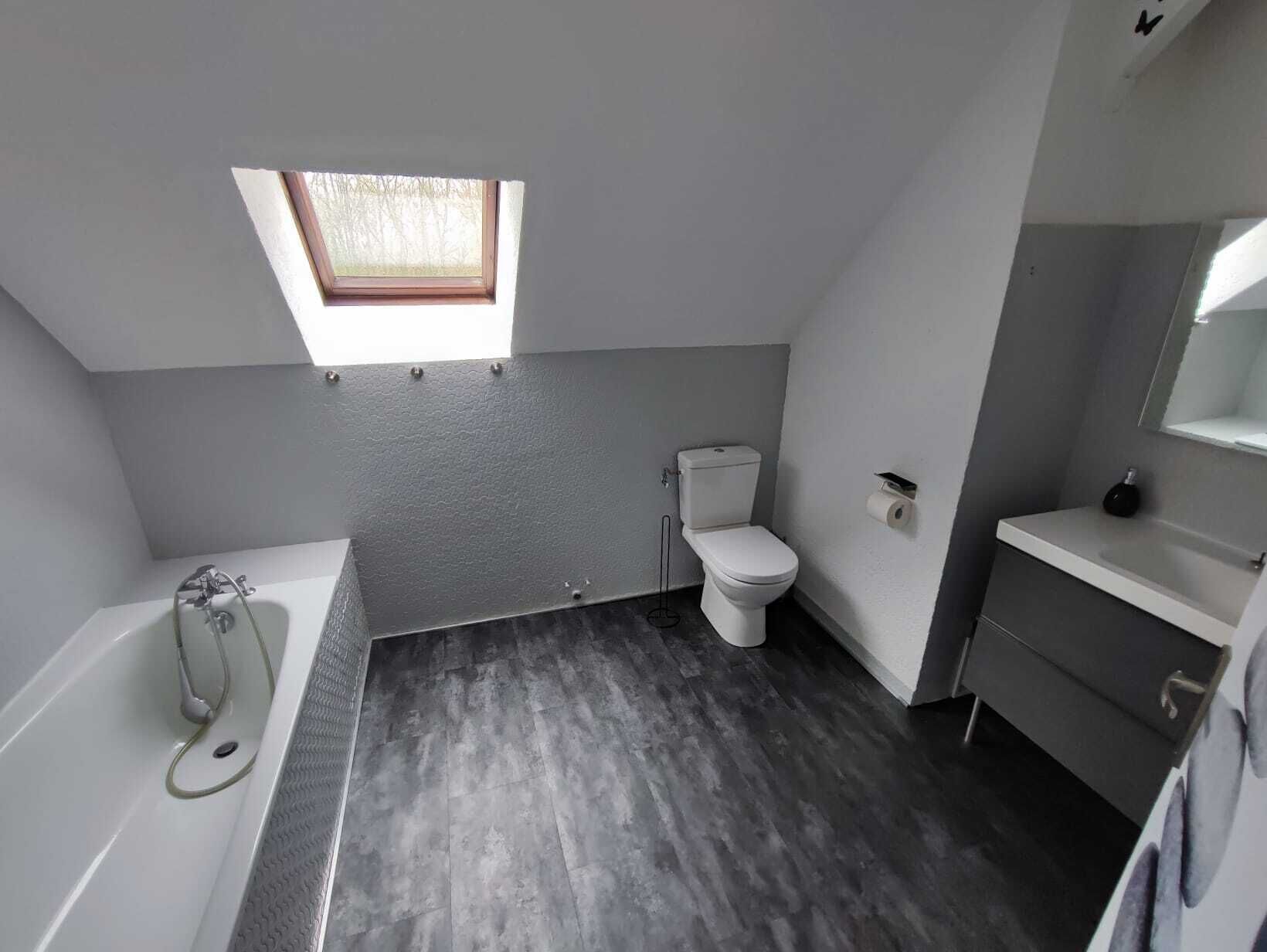 Une salle de bain moderne dotée d’une lucarne, d’une baignoire, de toilettes et d’un meuble-lavabo.