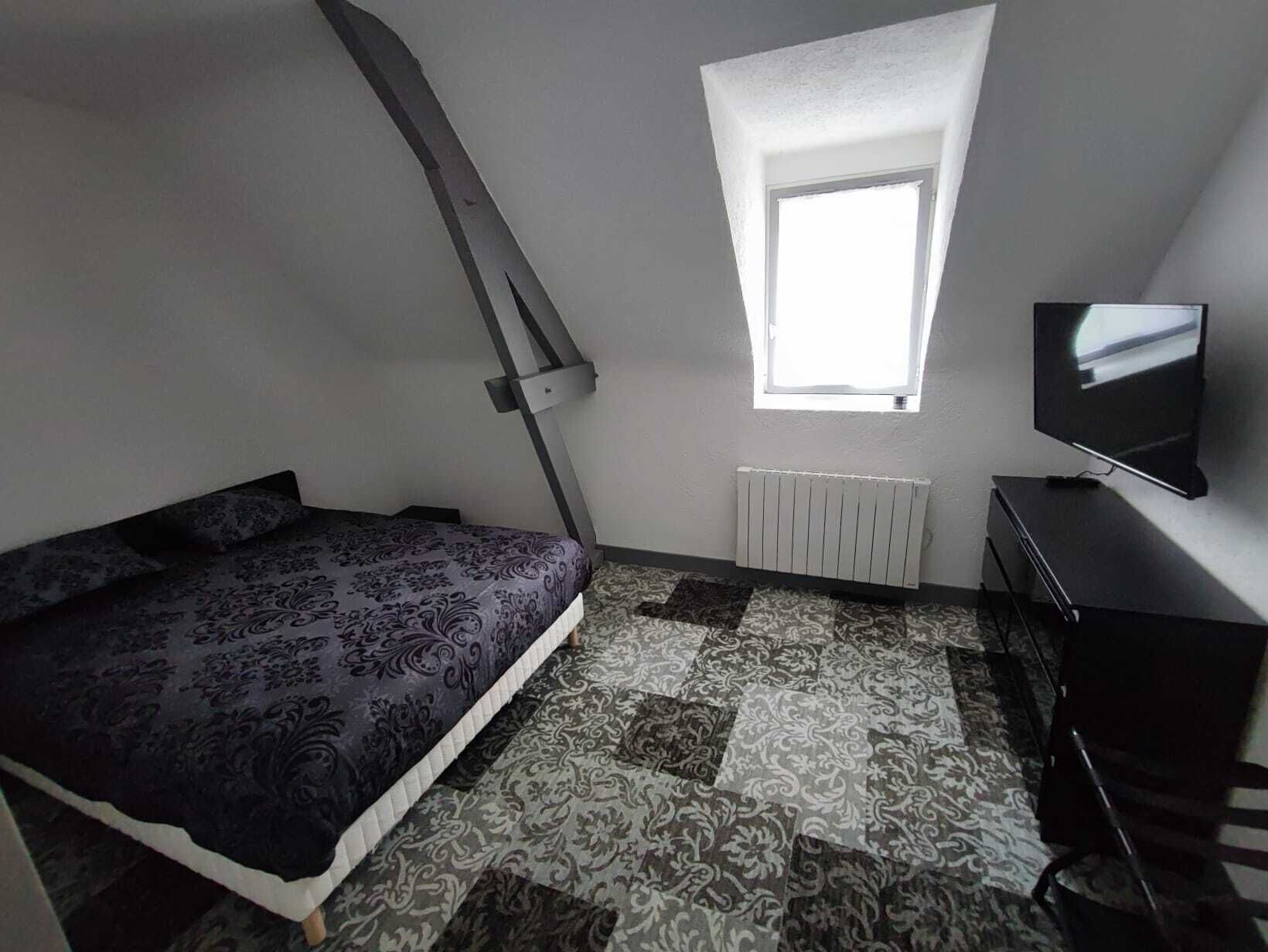 Une chambre à coucher avec un lit, une fenêtre, un radiateur et un téléviseur.