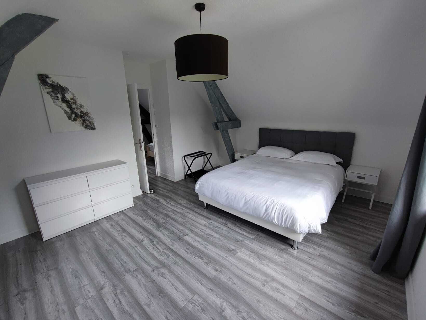A modern bedroom with a bed, bedside tables, a dresser, and a hanging lamp.