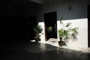 A corridor with potted plants and a tiled floor. - A unique spot in Oaxaca's Historic District. Parks, restaurants, and museums within walking distance. (Oaxaca de Juárez)