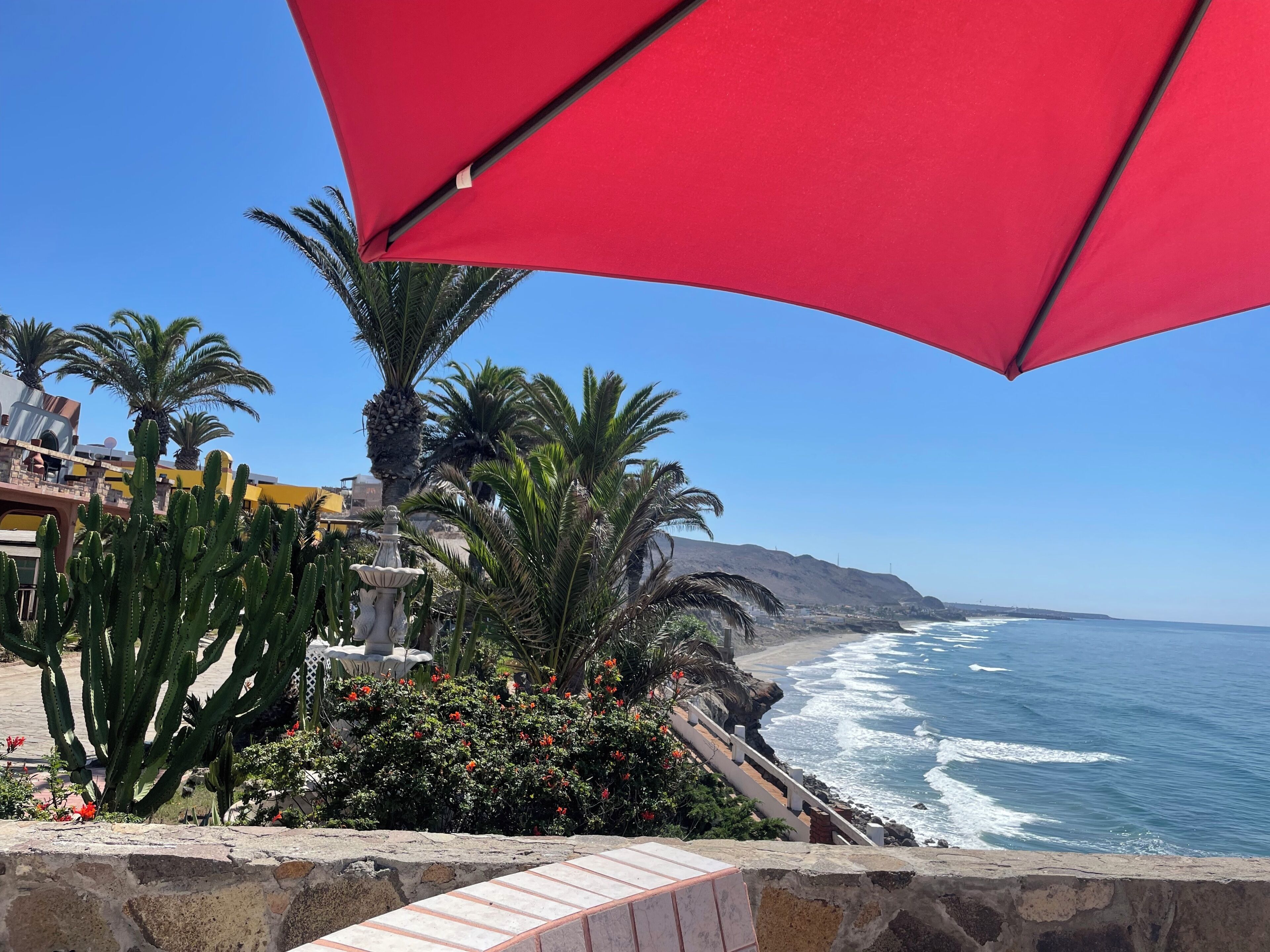 A coastal view with a red umbrella, cacti, and a stone wall overlooking the ocean.