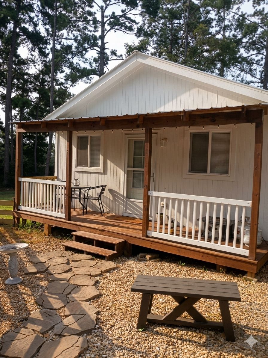 Une cabane dotée d’une terrasse en bois, d’une table et d’un banc.
