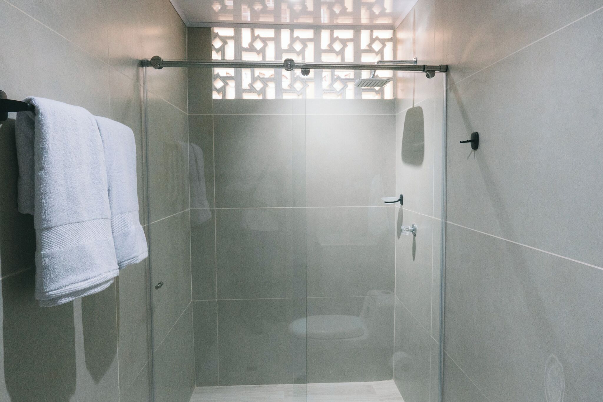 Une cabine de douche fermée par des parois en verre, avec un porte-serviettes sur le côté gauche.