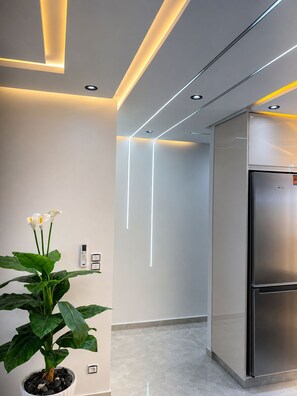A modern kitchen with a stainless steel refrigerator, recessed lighting, and a potted plant.