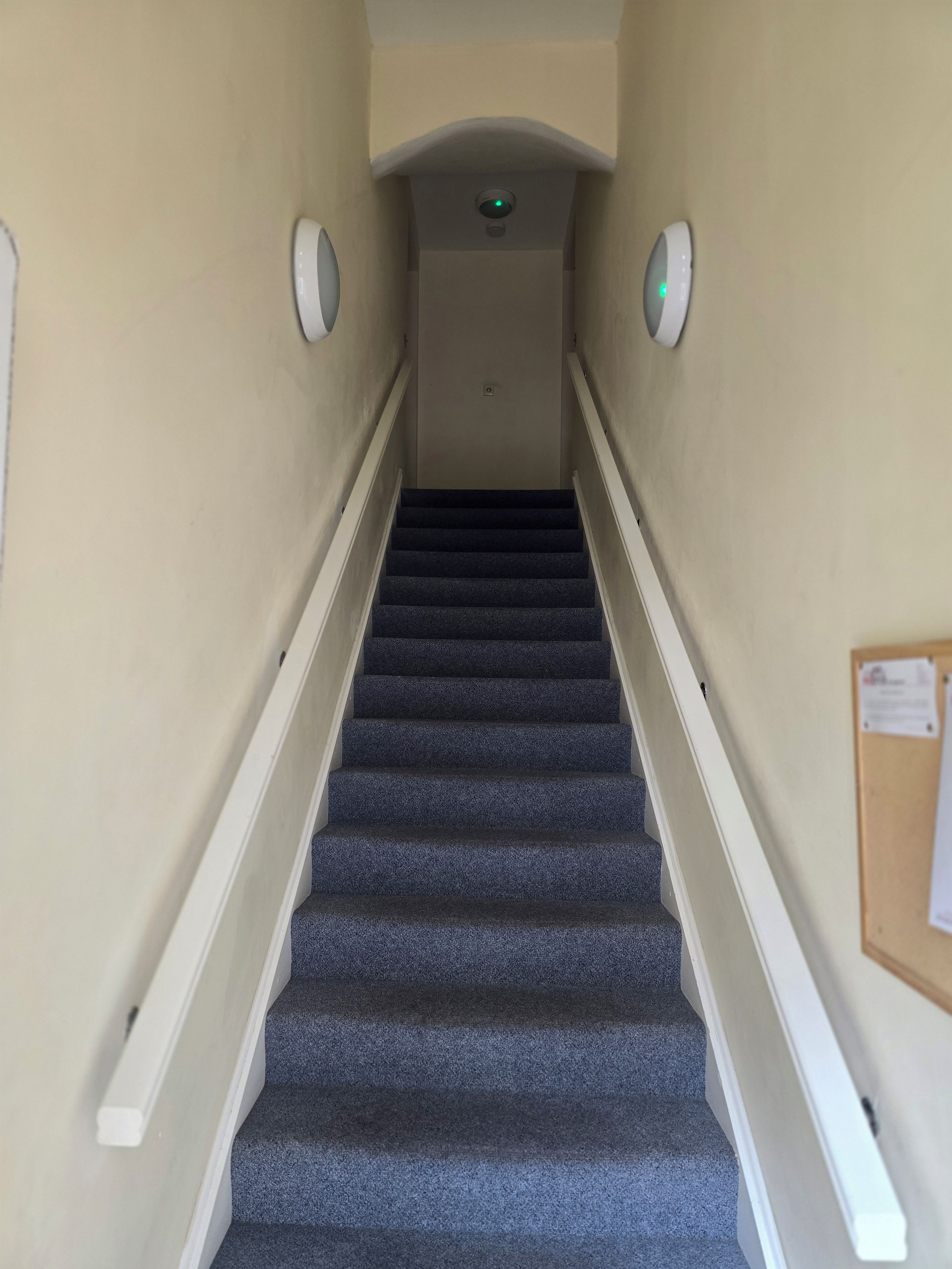Un escalier recouvert de moquette, avec des rampes blanches, un mur de couleur claire et un luminaire fixé au plafond.
