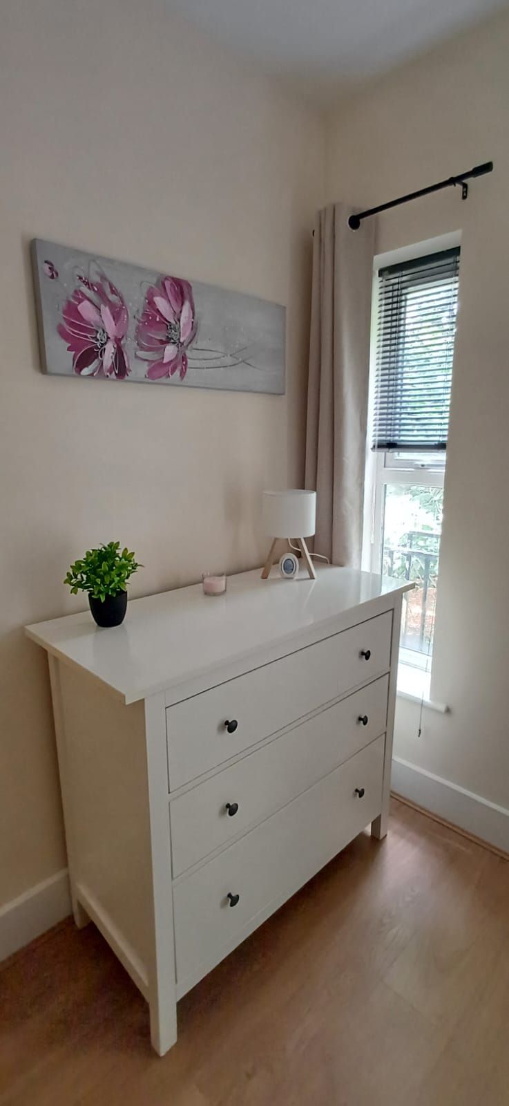 Une pièce avec une commode blanche, une petite plante, un tableau, une fenêtre avec des rideaux et un radiateur.