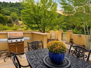 An outdoor patio with a Weber grill, a blue flower pot, and a stone-tiled table. - Cougar Cañon Ranch, Colorado Mountain Retreat - Incredible Views and Amenities (Cañon City)