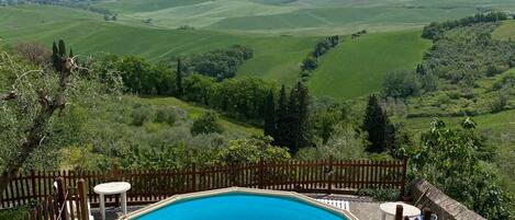 A swimming pool with a view of rolling hills and a clear sky.