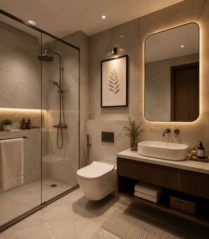 Un baño moderno con ducha envuelta en vidrio, inodoro blanco y tocador con un espejo grande.