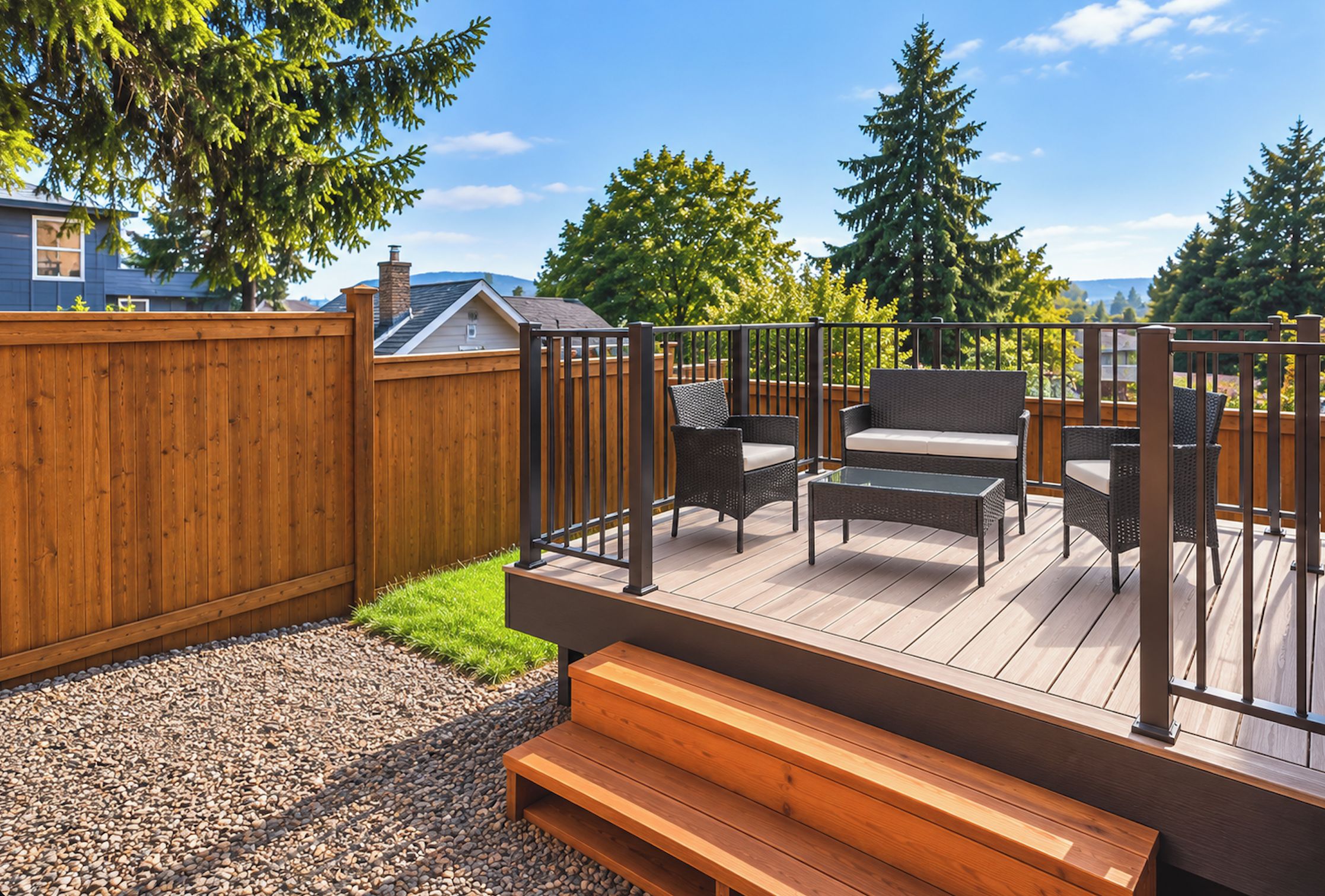 Eine Holzterrasse mit Gartenmöbeln, ein Holzzaun und ein Kiesbereich.
