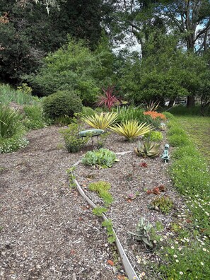 A garden with various plants and a small statue.
