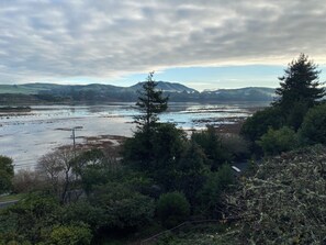 A natural landscape with a river, hills, and dense vegetation.