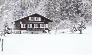 Un chalet en bois doté d’un balcon, entouré d’arbres couverts de neige et surplombant un ciel dégagé.