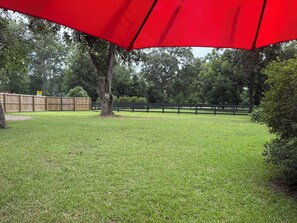 Un área exterior con césped, una cerca de madera, un árbol y un paraguas rojo.