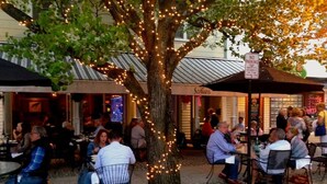 An outdoor seating area with tables and chairs under a tree decorated with lights. - 3 Bedroom Argyle Mermaid by the sea (Neptune Township)