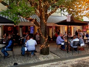 An outdoor seating area with tables and chairs under a tree decorated with lights.